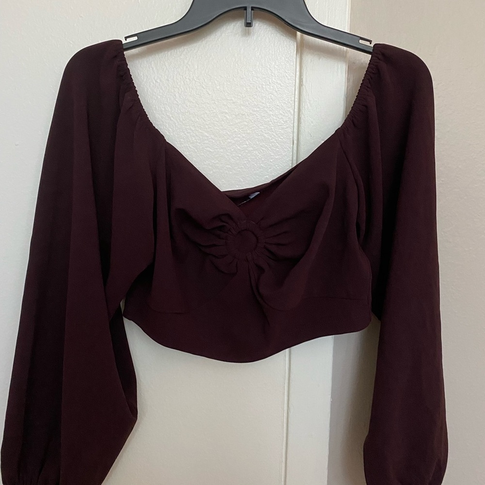 Women's Long Sleeve Cropped Peasant Top in Deep Burgundy